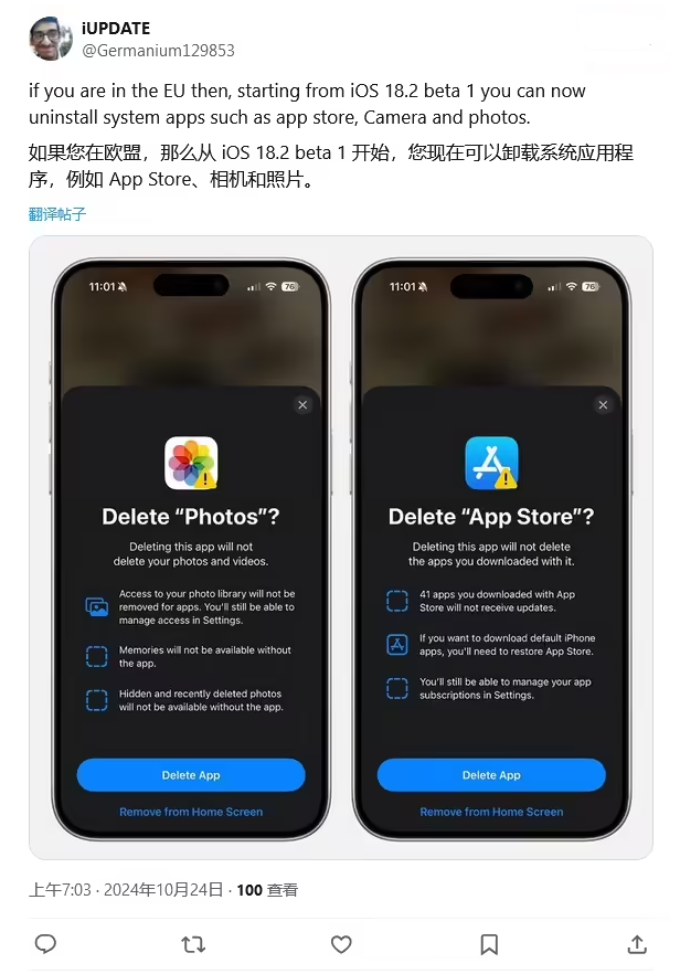 天心苹果手机维修分享iOS 18.2 支持删除 App Store 应用商店 