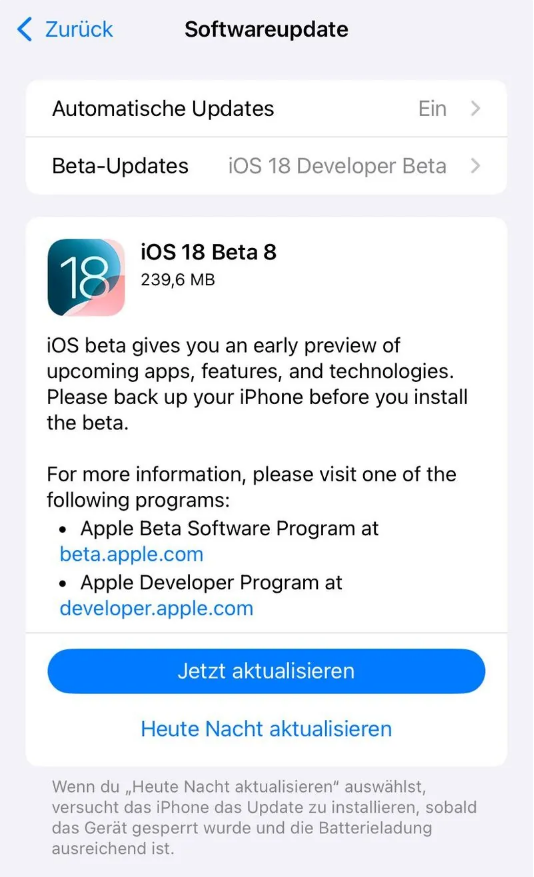 天心苹果手机维修分享苹果 iOS / iPadOS 18 开发者预览版 Beta 8 发布 